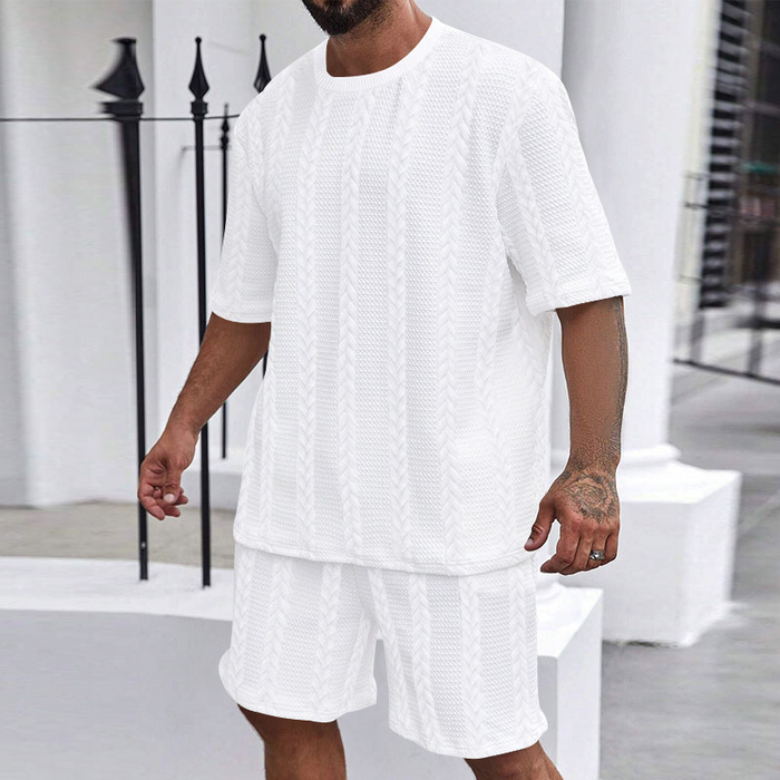 Men's Solid Color Knitted Short Sleeve and Shorts Sport Set - White | Casual Two-Piece Set | SAVINTARI