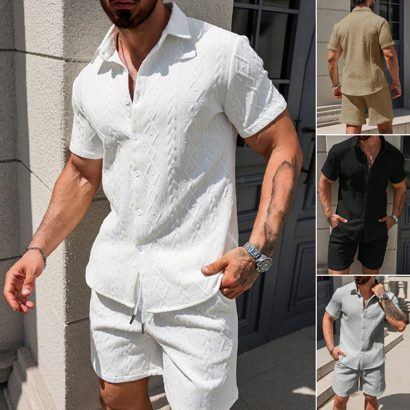 Men's Man's Casual Textured Shirt & Shorts 2-Piece Set - White | SAVINTARI
