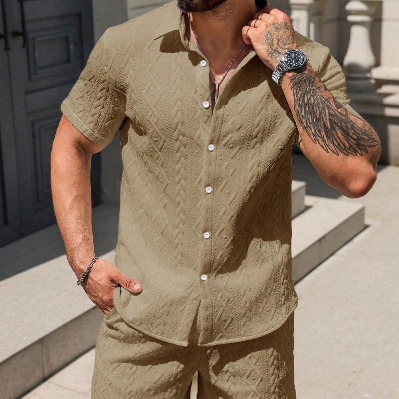 Men's Man's Casual Textured Shirt & Shorts 2-Piece Set - White | SAVINTARI