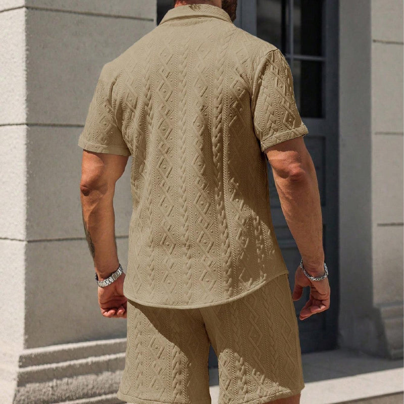 Men's Man's Casual Textured Shirt & Shorts 2-Piece Set - White | SAVINTARI