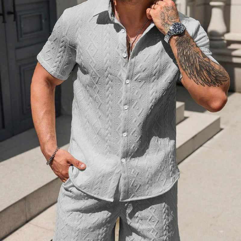 Men's Man's Casual Textured Shirt & Shorts 2-Piece Set - White | SAVINTARI