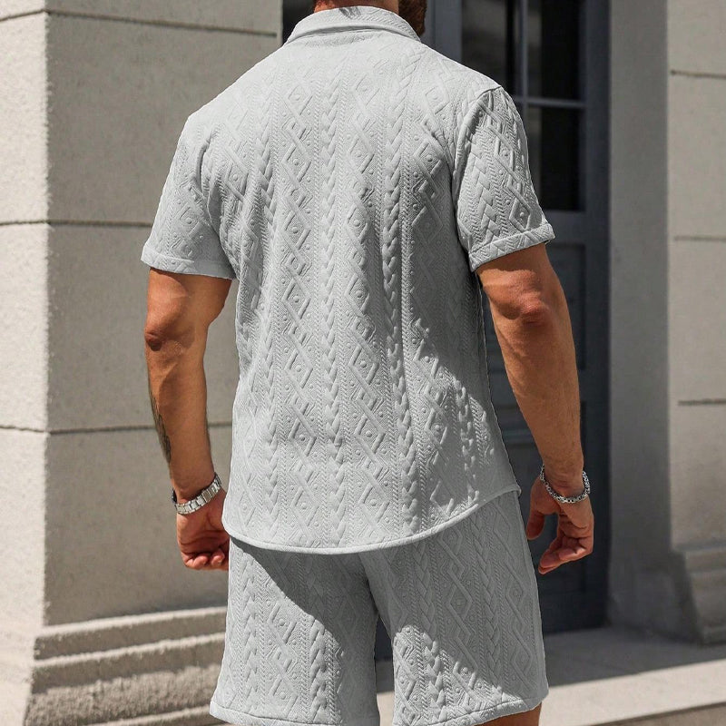 Men's Man's Casual Textured Shirt & Shorts 2-Piece Set - White | SAVINTARI
