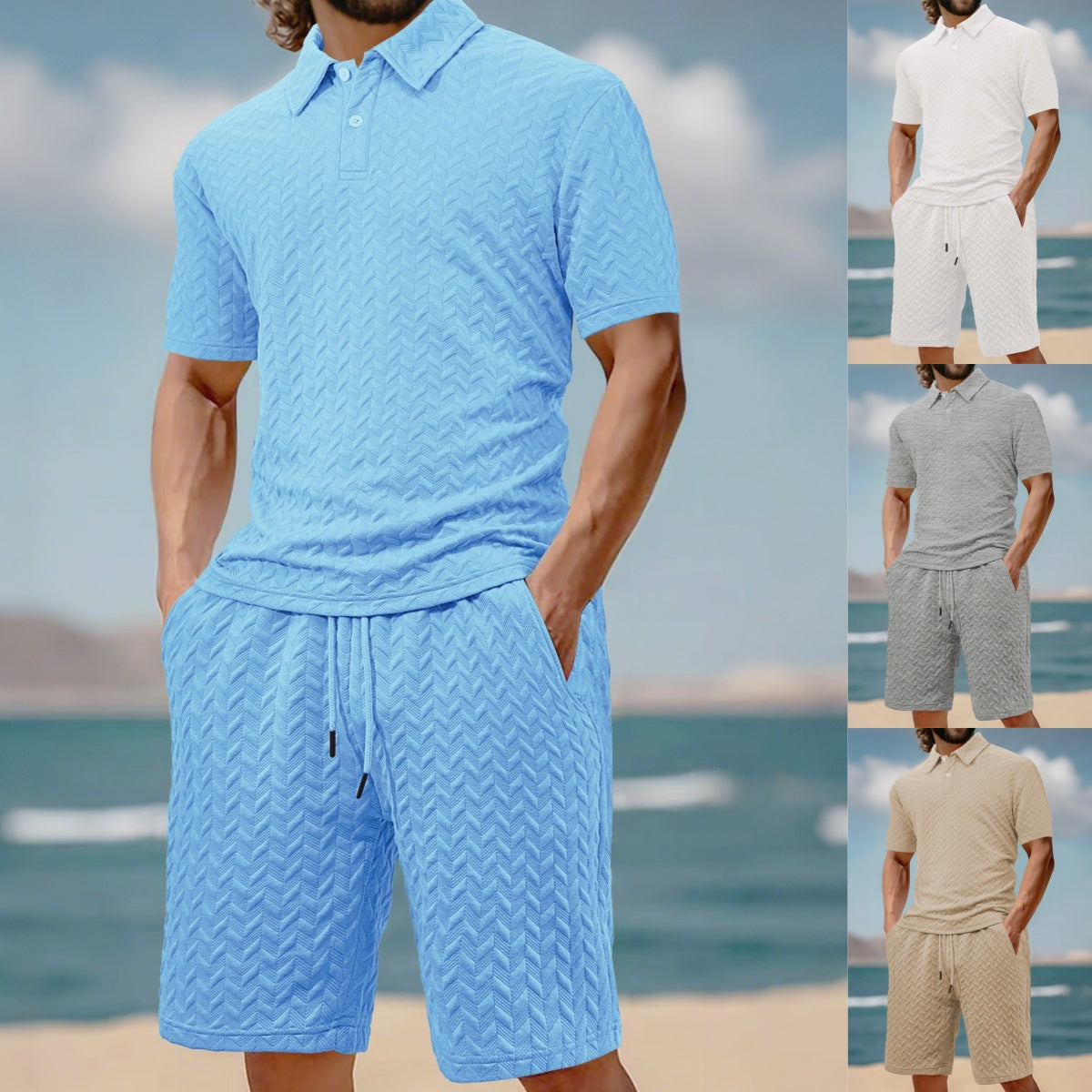 Men's Casual Shirt & Shorts 2-Piece Set - White | SAVINTARI