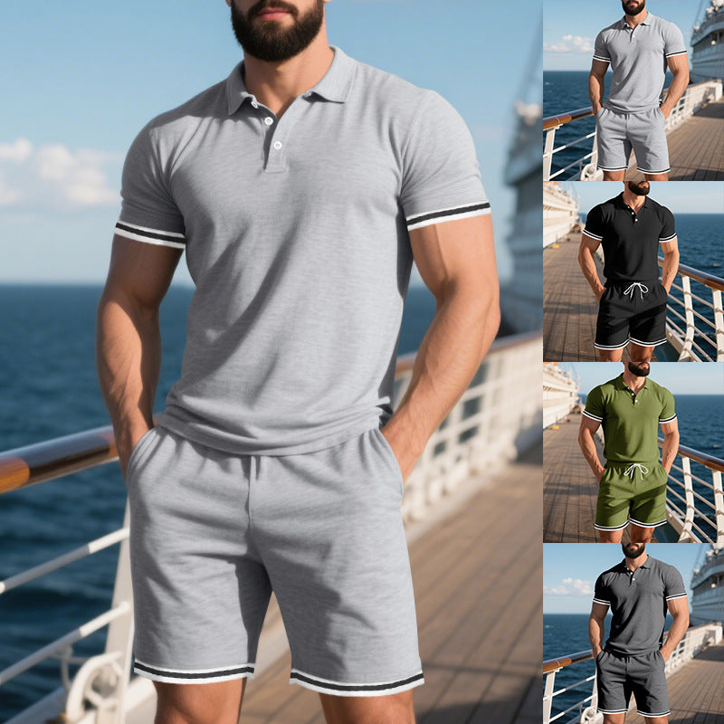 Men's Casual Lapel Short Sleeve Top & Shorts Two-Piece Set - Black | SAVINTARI