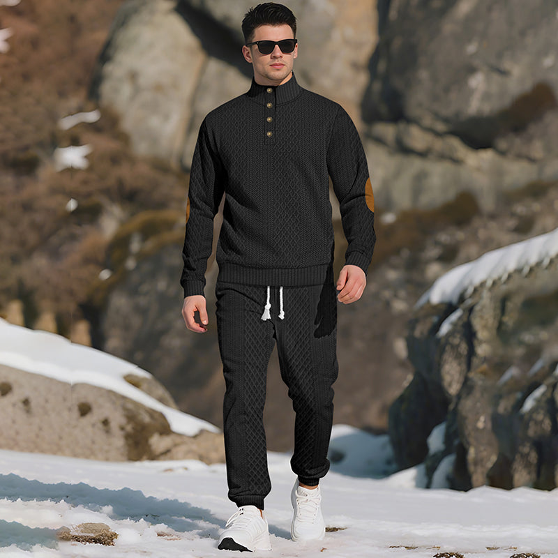 Men's Casual Jacquard Stand Collar Top and Elastic Cuff Pants（50 - Black | SAVINTARI
