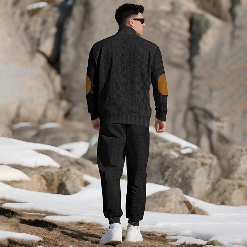 Men's Casual Jacquard Stand Collar Top and Elastic Cuff Pants（50 - Black | SAVINTARI