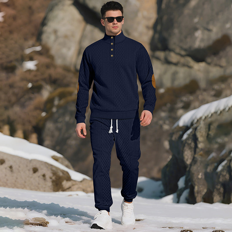 Men's Casual Jacquard Stand Collar Top and Elastic Cuff Pants（50 - Black | SAVINTARI