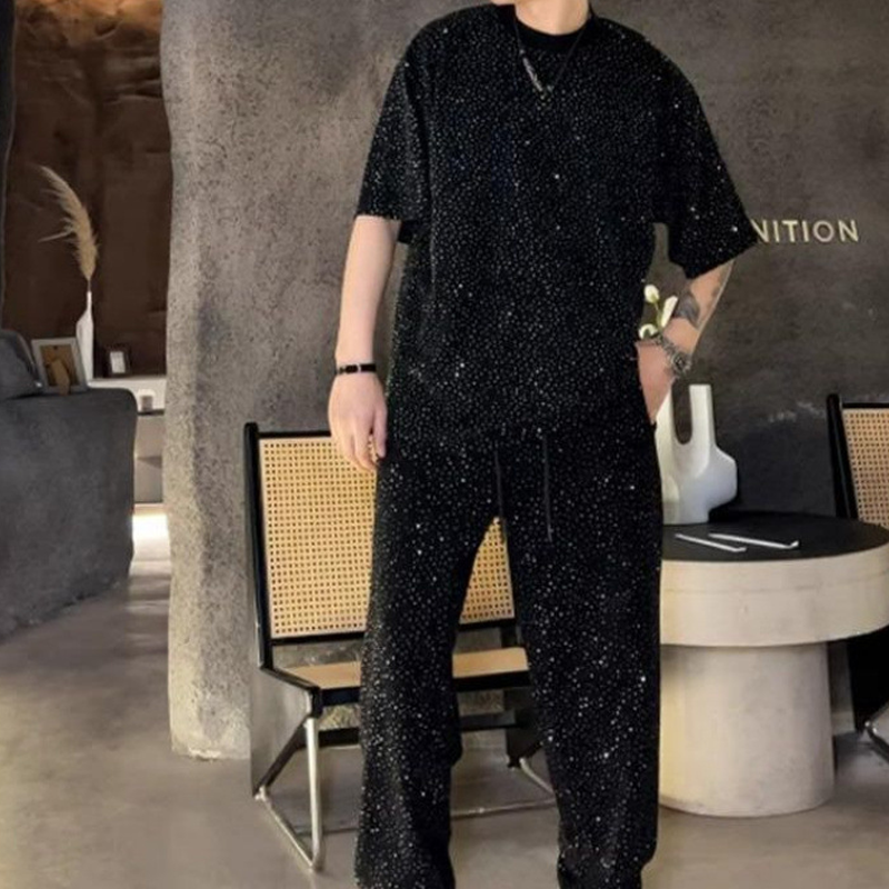Men's Short Sleeve Top & Wide Leg Pants 2-Piece Set (50 - Gray | SAVINTARI