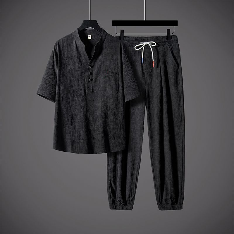 Men's Cool V-Neck Top & Jogger Pants Set - Black | SAVINTARI