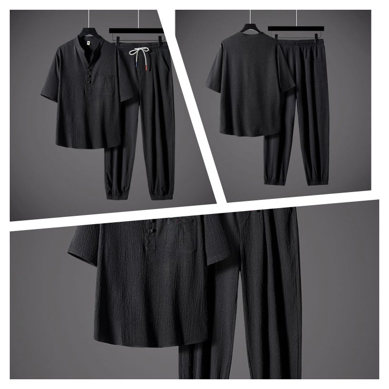 Men's Cool V-Neck Top & Jogger Pants Set - Black | SAVINTARI