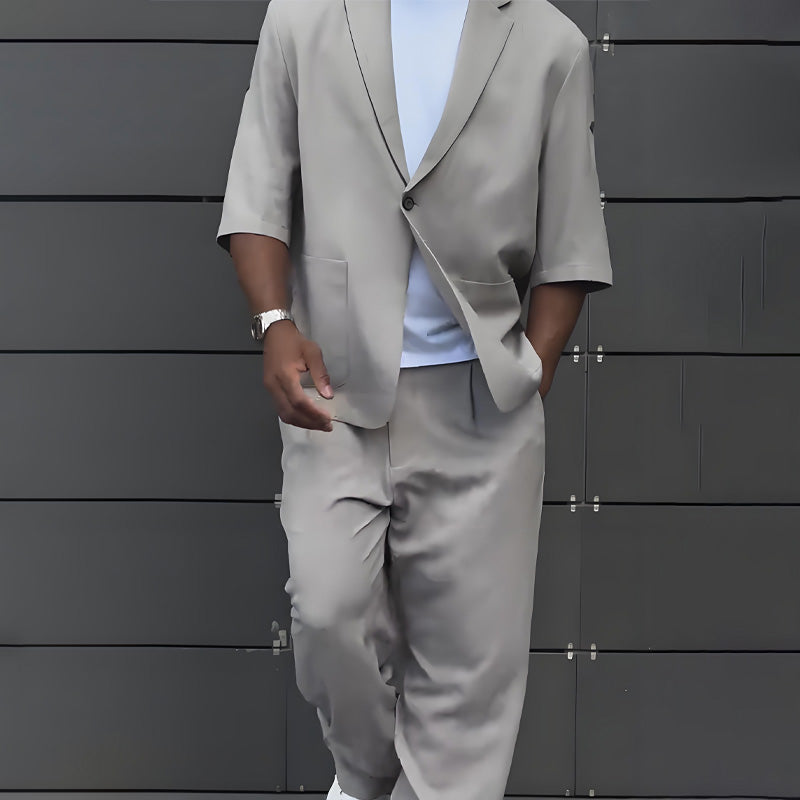 Men's Modern Minimalist Short Sleeve Blazer & Pants Set - Black | SAVINTARI