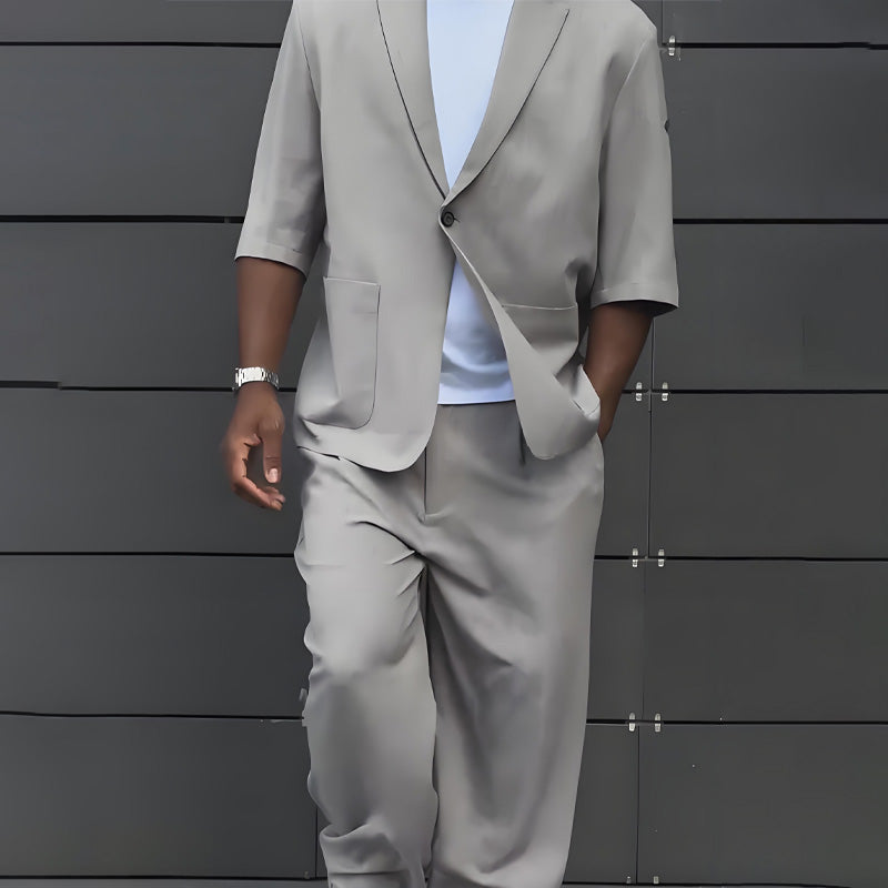 Men's Modern Minimalist Short Sleeve Blazer & Pants Set - Black | SAVINTARI