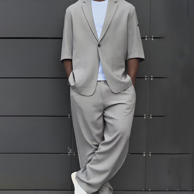 Men's Modern Minimalist Short Sleeve Blazer & Pants Set - Black | SAVINTARI