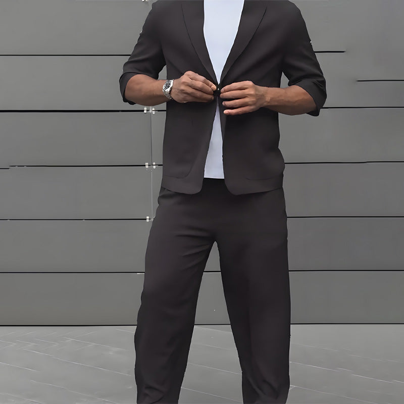 Men's Modern Minimalist Short Sleeve Blazer & Pants Set - Black | SAVINTARI