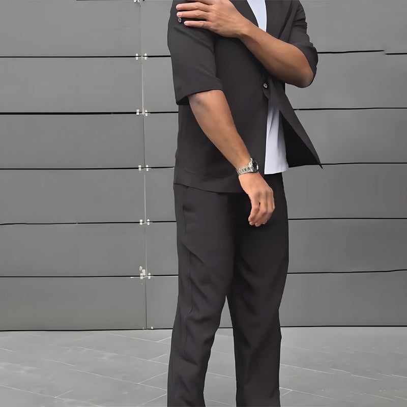 Men's Modern Minimalist Short Sleeve Blazer & Pants Set - Black | SAVINTARI