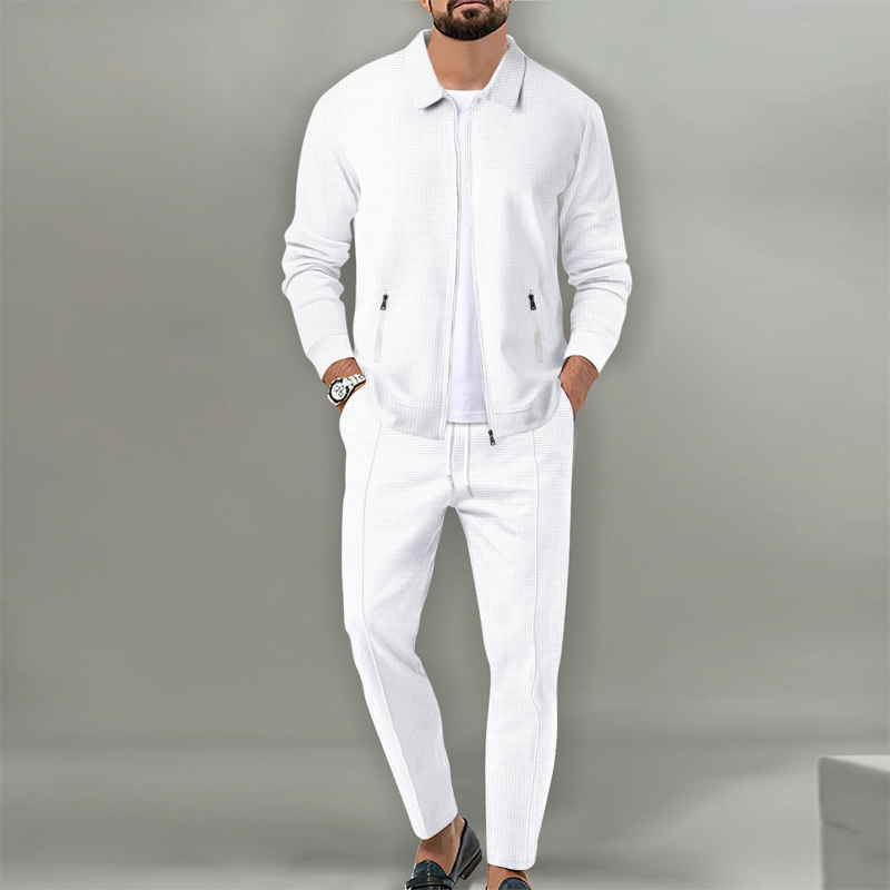 Men's Stylish Lapel Jacket & Jogger Pants 2-Piece Set（50 - White | SAVINTARI