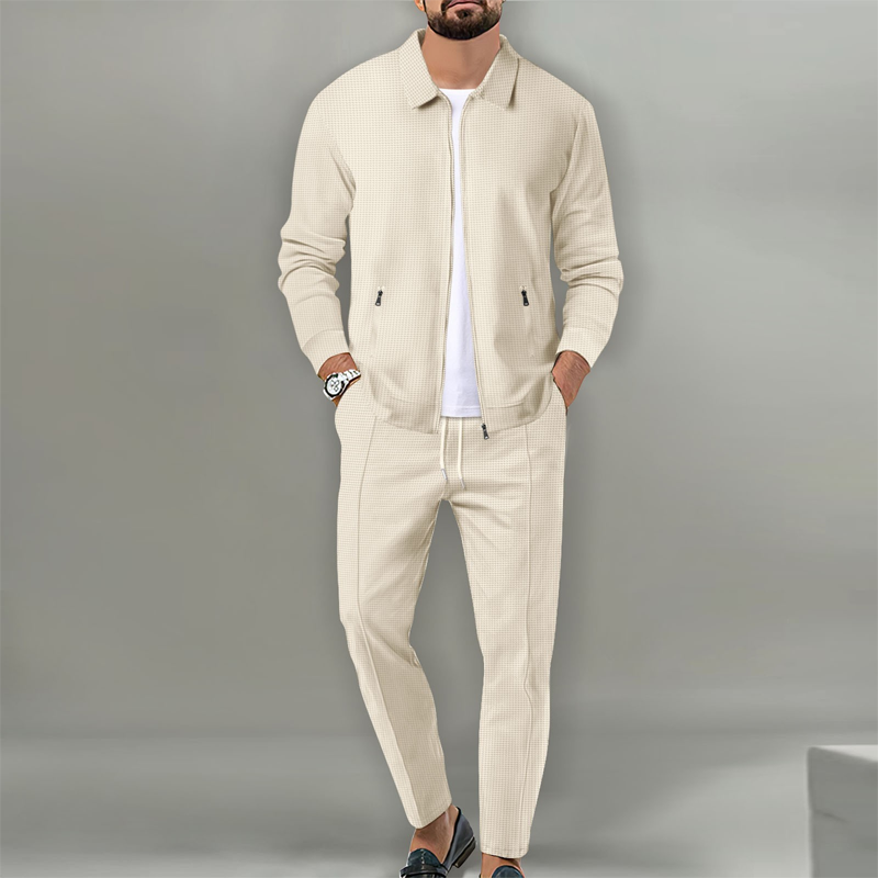 Men's Stylish Lapel Jacket & Jogger Pants 2-Piece Set（50 - White | SAVINTARI