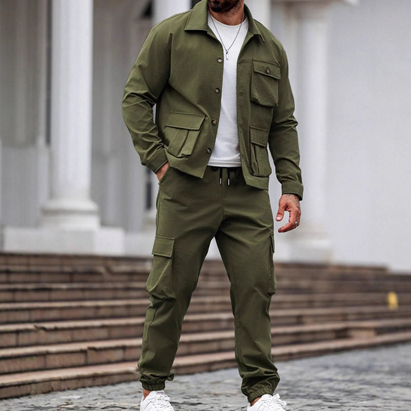 Men's Retro Jacket & Cargo Pants 2-Piece Set (50 - Green | SAVINTARI