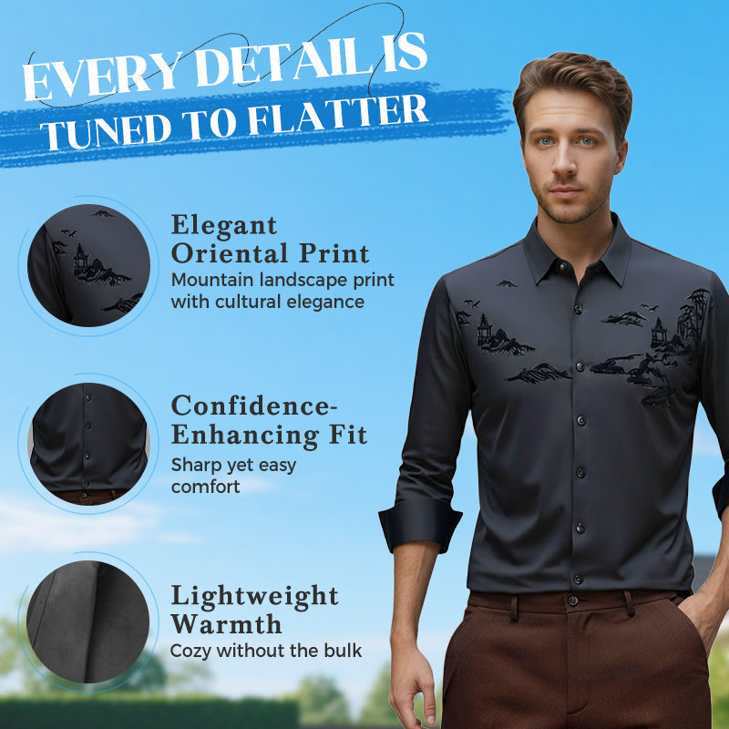 Men's Classic Oriental Landscape Thermal Shirt - Black | SAVINTARI