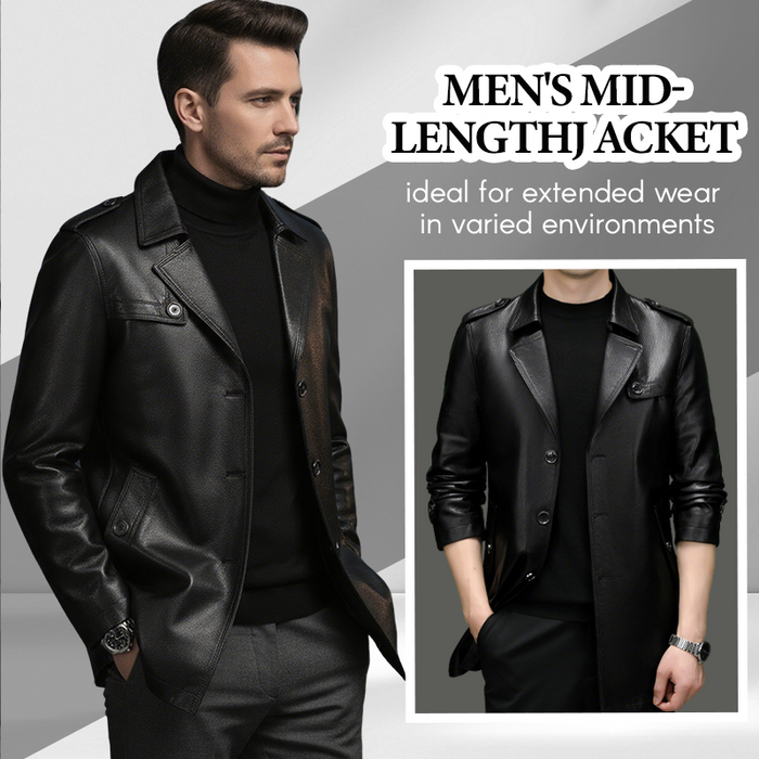 Men's Mid-Length Faux Leather Coat - Black | Transitional Coat | SAVINTARI