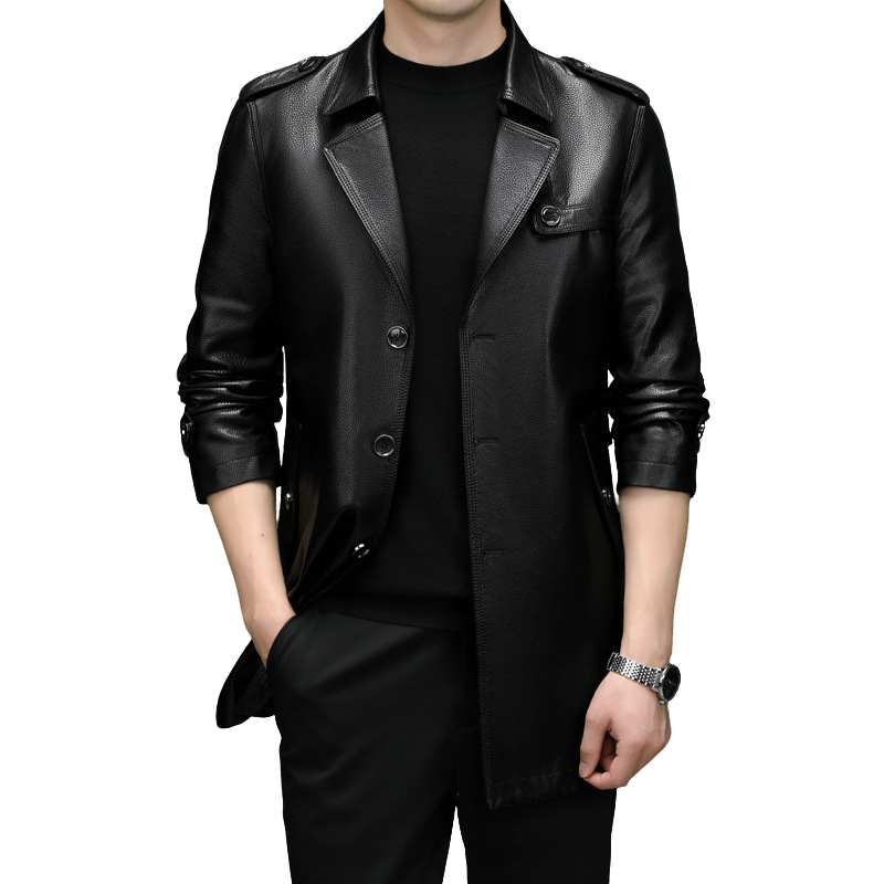Men's Mid-Length Faux Leather Coat（50 - Black | SAVINTARI