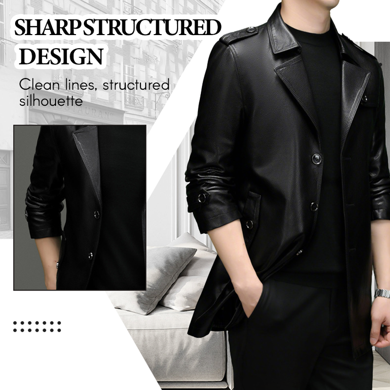 Men's Mid-Length Faux Leather Coat（50 - Black | SAVINTARI