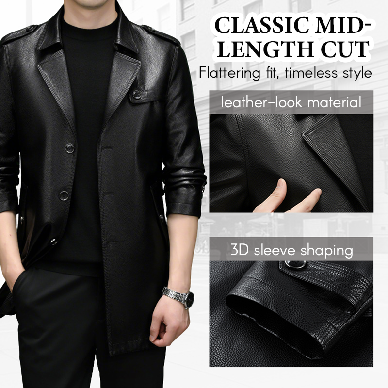Men's Mid-Length Faux Leather Coat（50 - Black | SAVINTARI