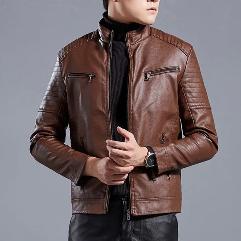 Men's Limited-time offer Stand Collar Biker Leather Jacket - Black | SAVINTARI