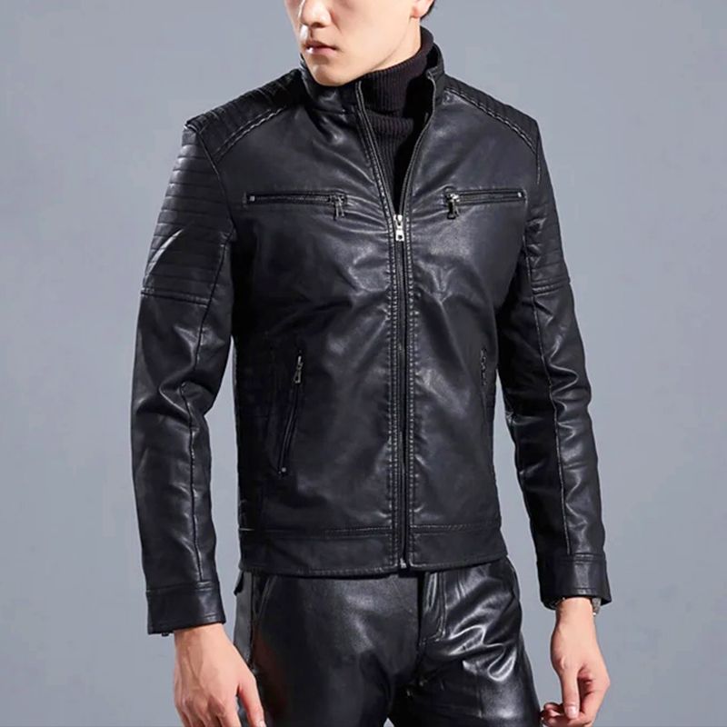 Men's Limited-time offer Stand Collar Biker Leather Jacket - Black | SAVINTARI