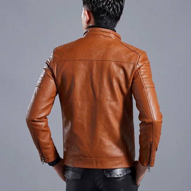Men's Stand Collar Biker Leather Jacket - Black | leather jacket | SAVINTARI