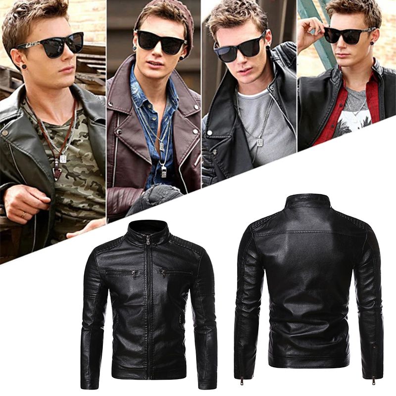 Men's Limited-time offer Stand Collar Biker Leather Jacket - Black | SAVINTARI