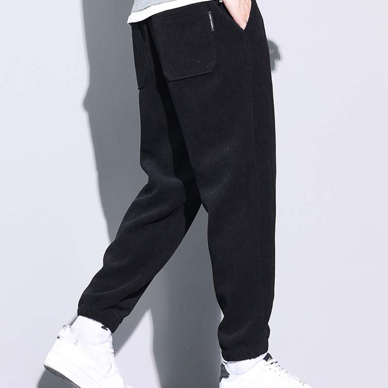 Men's Tapered Drawstring Corduroy Pants with Pockets - Black | SAVINTARI