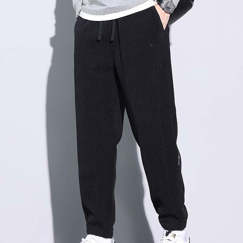 Men's Tapered Drawstring Corduroy Pants with Pockets - Black | SAVINTARI