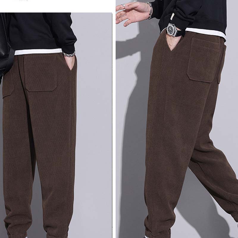 Men's Tapered Drawstring Corduroy Pants with Pockets - Black | SAVINTARI