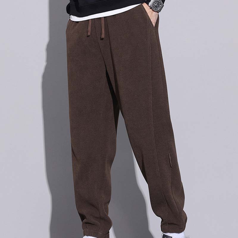 Men's Tapered Drawstring Corduroy Pants with Pockets - Black | SAVINTARI