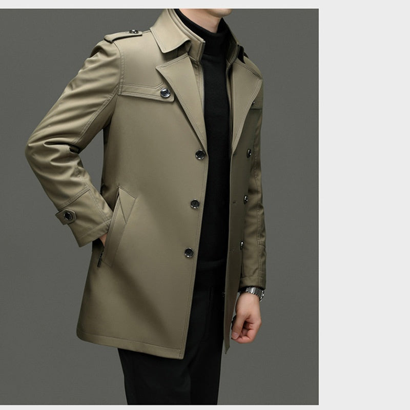 Men's Medium-Length Trench Coat with Detachable Inner - Khaki | SAVINTARI