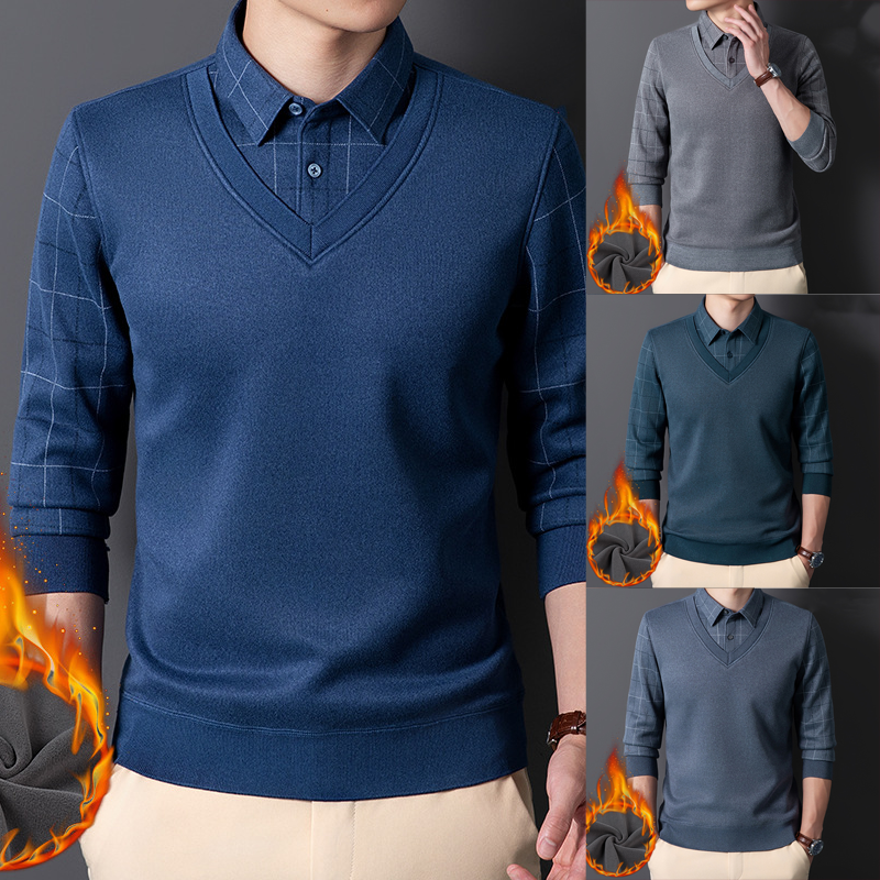 Men's Casual Thermal Faux Two-Piece Shirt - Dark Blue | SAVINTARI