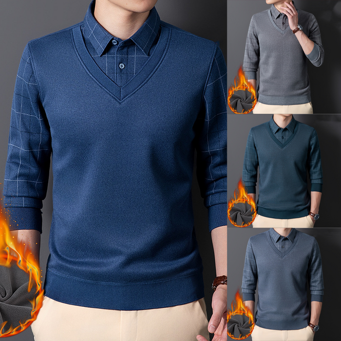 Men's Casual Thermal Faux Two-Piece Shirt - Dark Blue | Casual Two-Piece Set | SAVINTARI