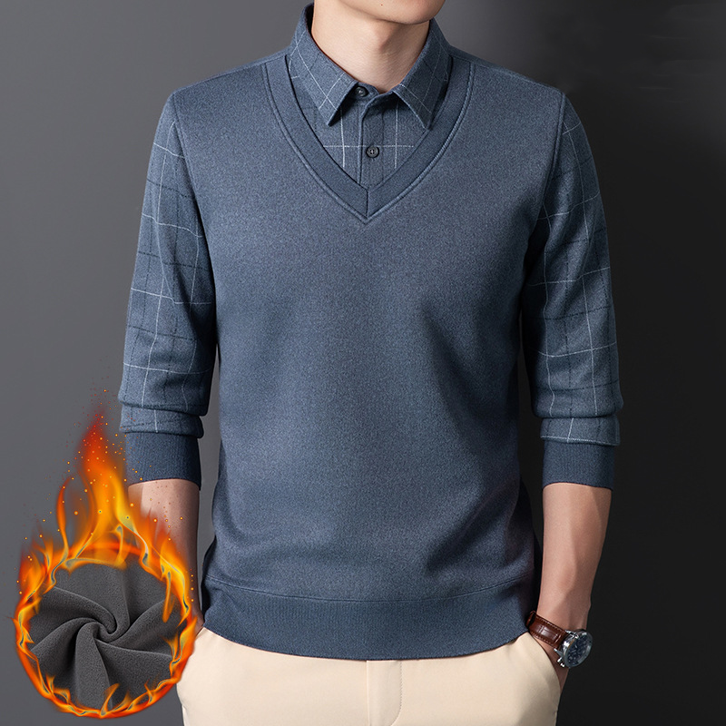 Men's Casual Thermal Faux Two-Piece Shirt - Dark Blue | SAVINTARI