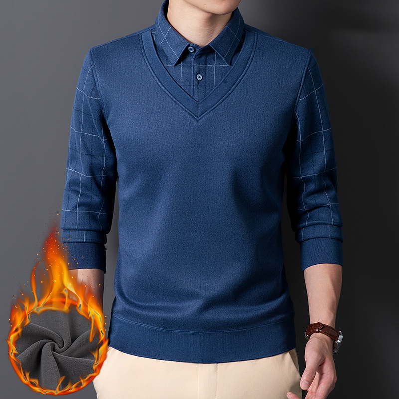 Men's Casual Thermal Faux Two-Piece Shirt - Dark Blue | SAVINTARI