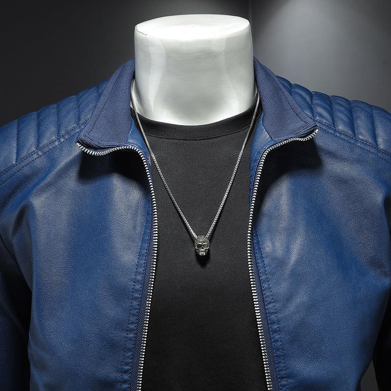 Men's Free Shipping Milan Classic Leather Jacket - Blue | SAVINTARI