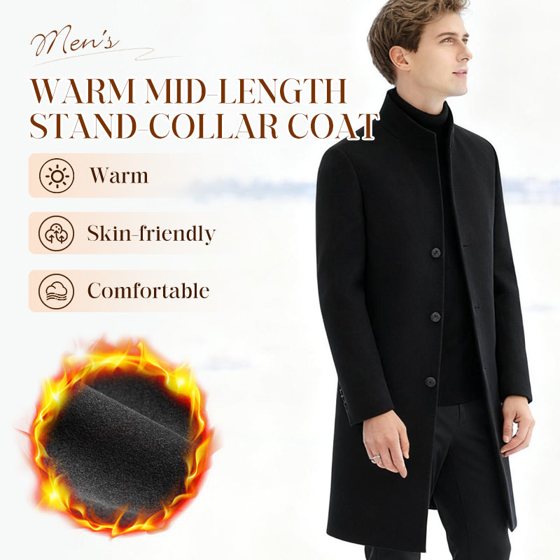 Men's Warm Mid-Length Stand-Collar Coat - Black | SAVINTARI