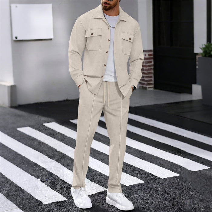 Men's Waffle Button-Down Jacket & Pants Set Breathable Waffle Knit, - White | Casual Two-Piece Set | SAVINTARI