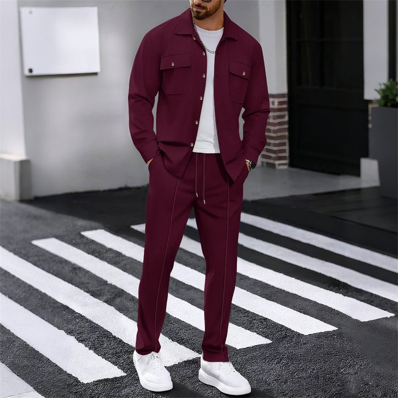 Men's Waffle Button-Down Jacket & Pants Set Breathable Waffle Knit, Relaxed - White | SAVINTARI