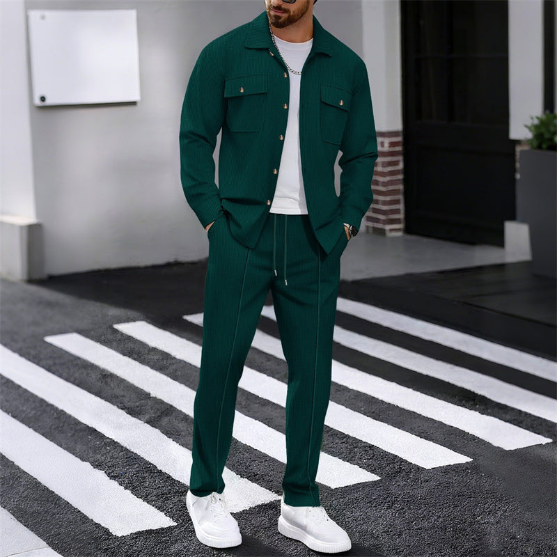 Men's Waffle Button-Down Jacket & Pants Set Breathable Waffle Knit, Relaxed - White | SAVINTARI