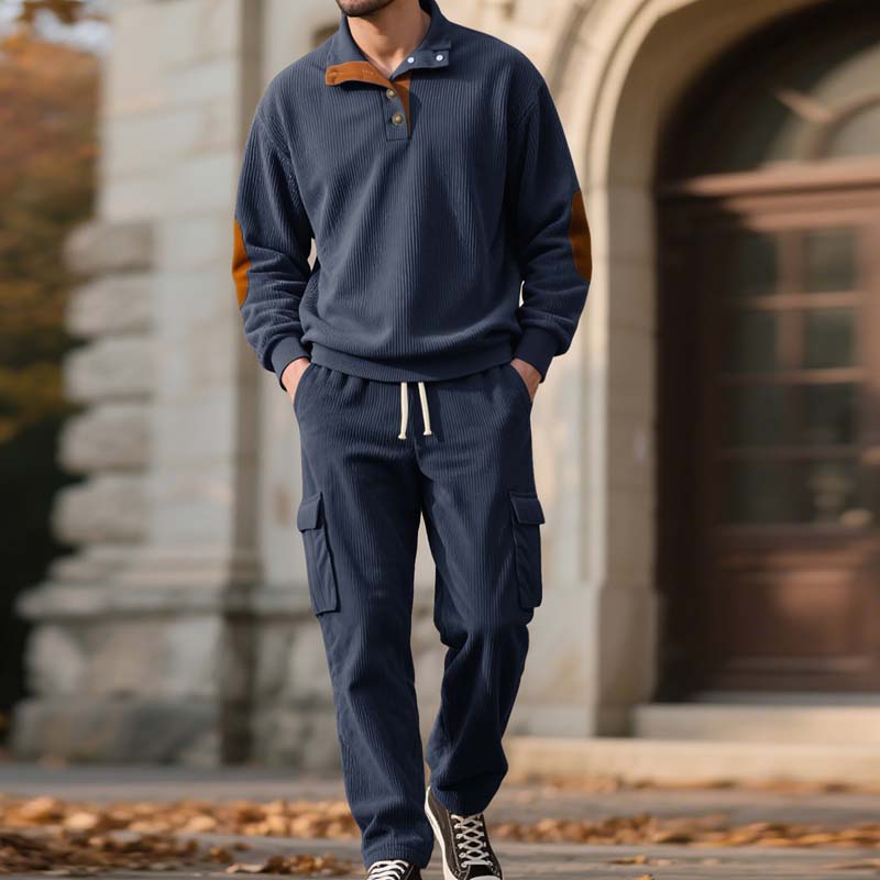Men's Trendy Pullover and Cargo Pants 2-Piece Set - Navy | SAVINTARI