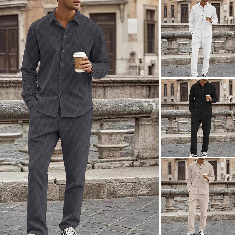 Men's Textured Long Sleeve Shirt & Pants Set - White | SAVINTARI
