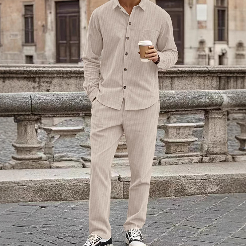 Men's Textured Long Sleeve Shirt & Pants Set - White | SAVINTARI