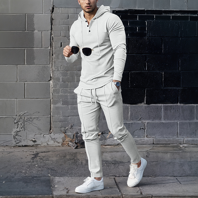 Men's Solid Color Hoodie Tracksuit 2-Piece Set - White | SAVINTARI