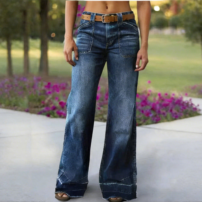Men's Women's Retro Flare Jeans with Pockets - Dark Blue | Everyday Denim | SAVINTARI